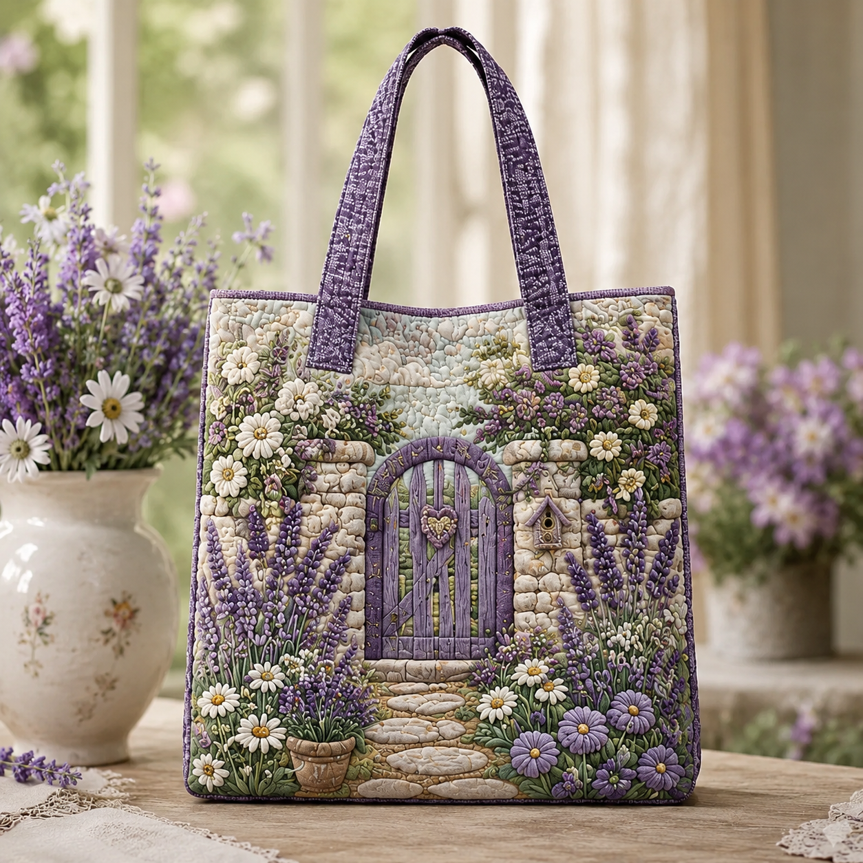 Lavender Garden Gate Quilted Tote Bag