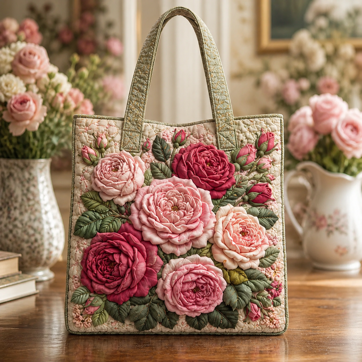 Vintage Cabbage Rose Quilted Tote Bag