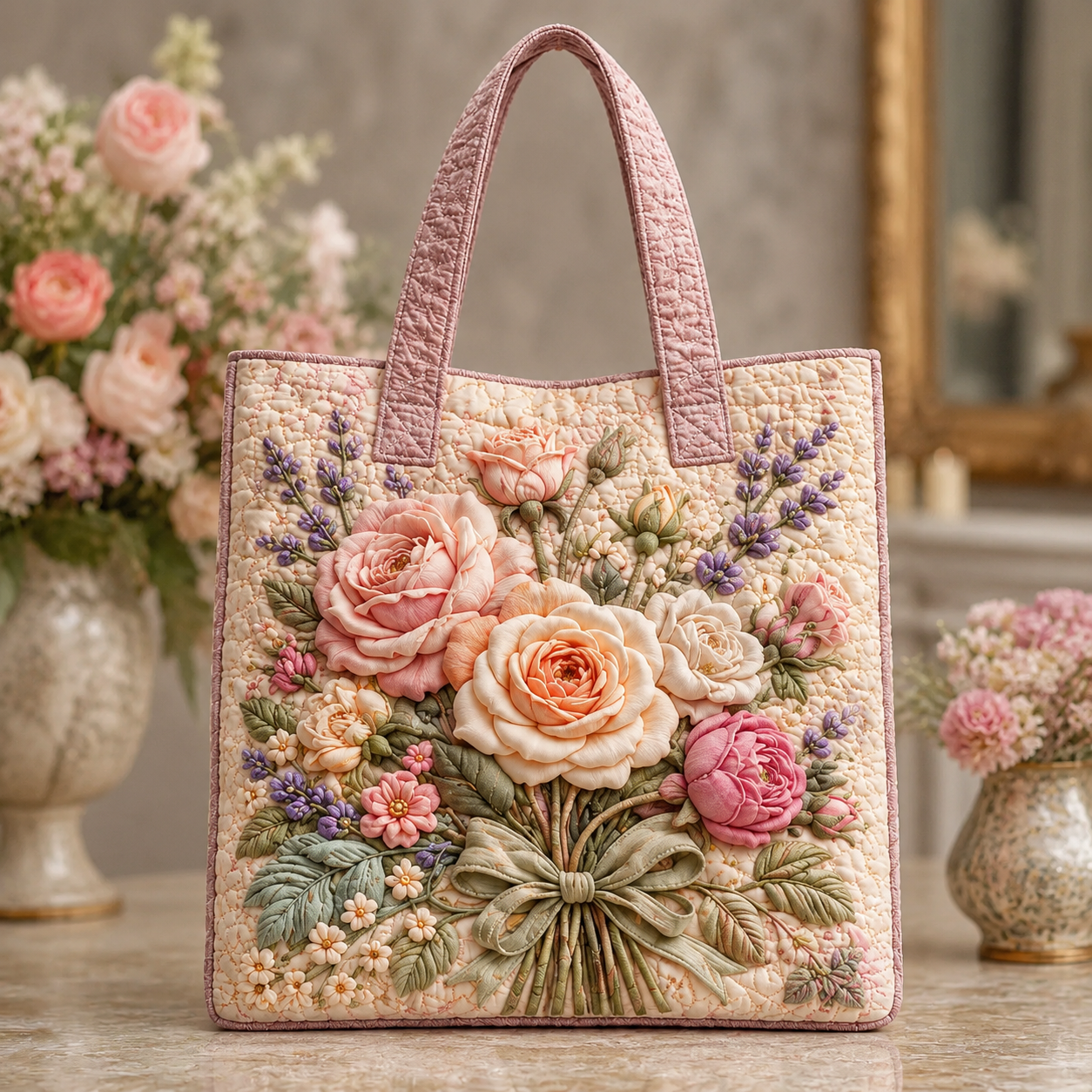 3D Embossed Rose Bouquet Quilted Tote Bag