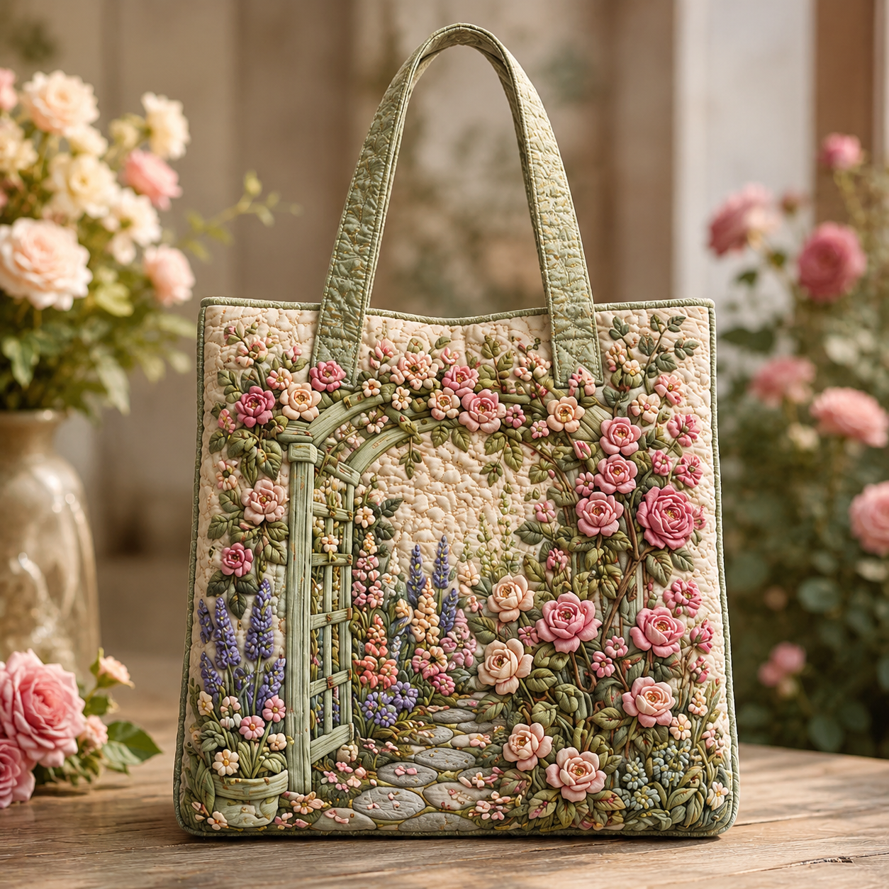 Rose Garden Gate Quilted Tote Bag