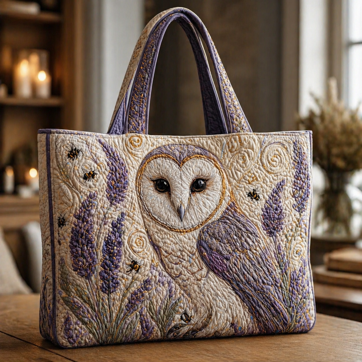 Barn Owl & Lavender with Bees Quilted Tote Bag