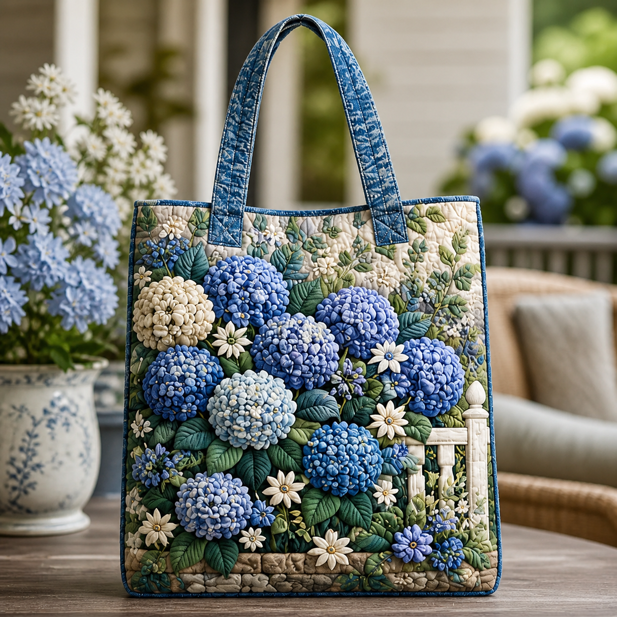 Blue Hydrangea Garden Quilted Tote Bag