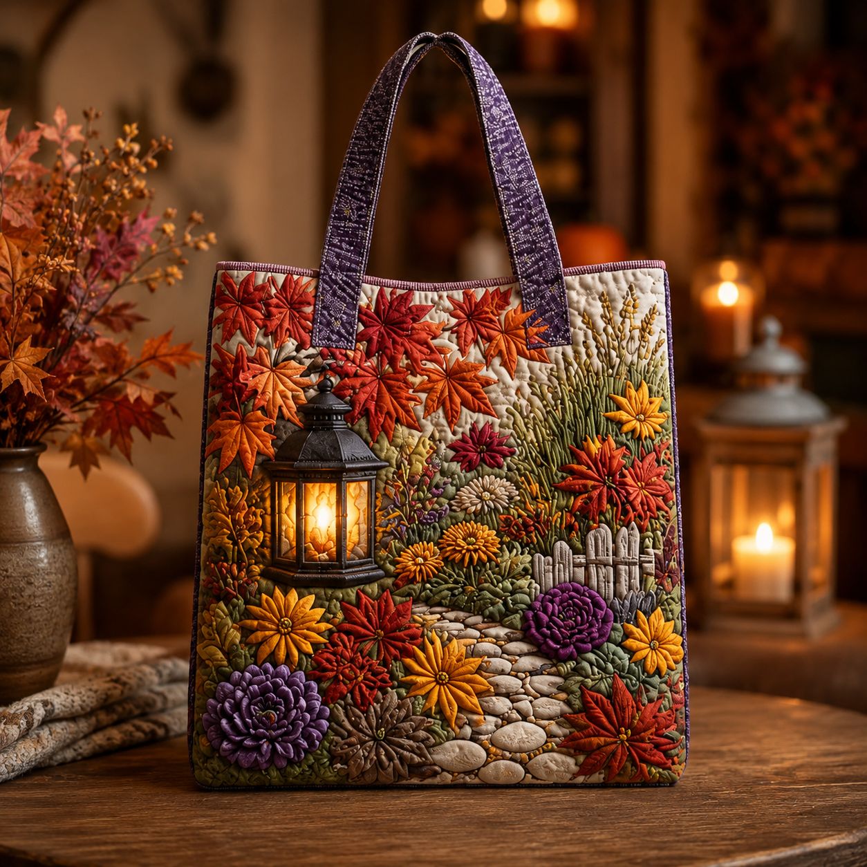 Fall Lantern & Maple Leaf Quilted Tote Bag