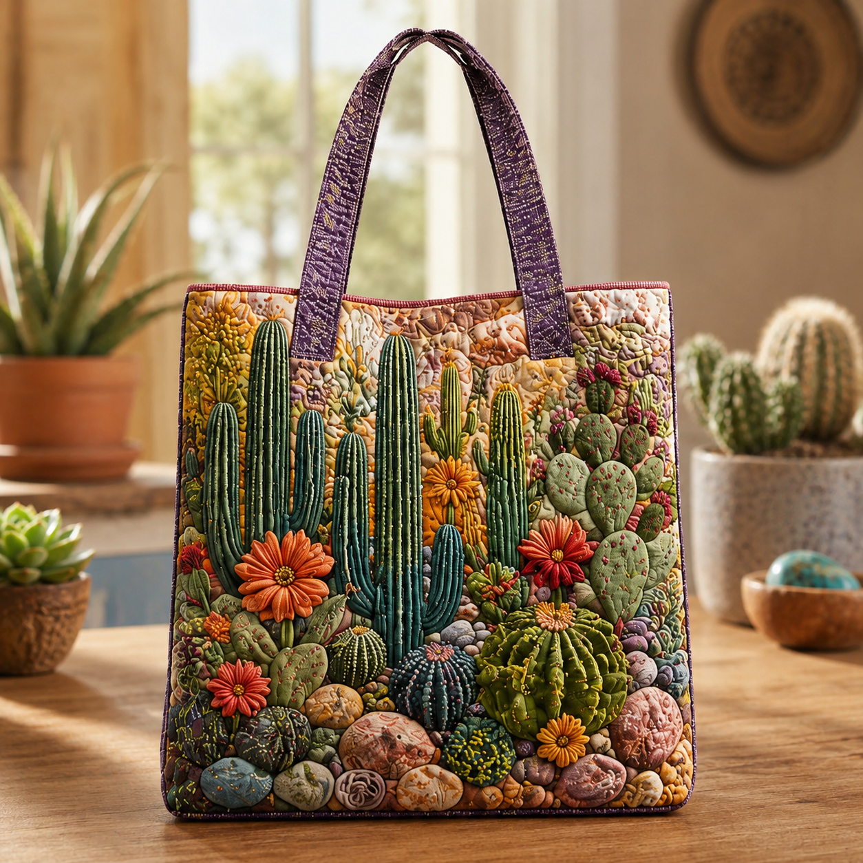 Colorful Desert Cactus Quilted Tote Bag