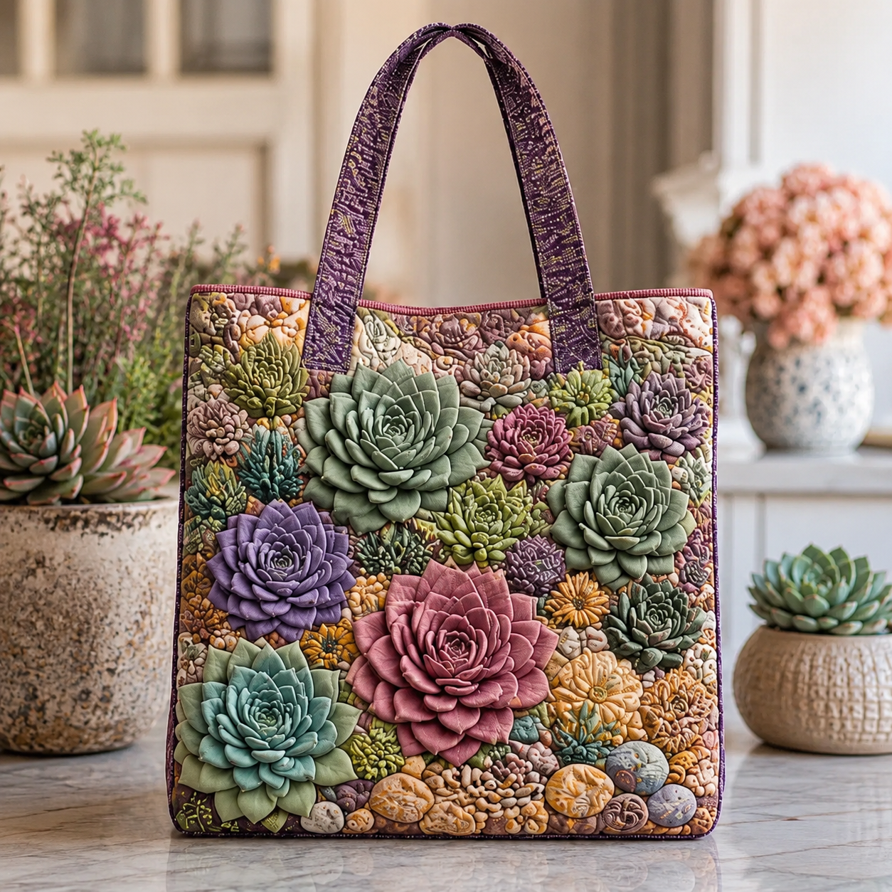 Succulent Garden Quilted Tote Bag
