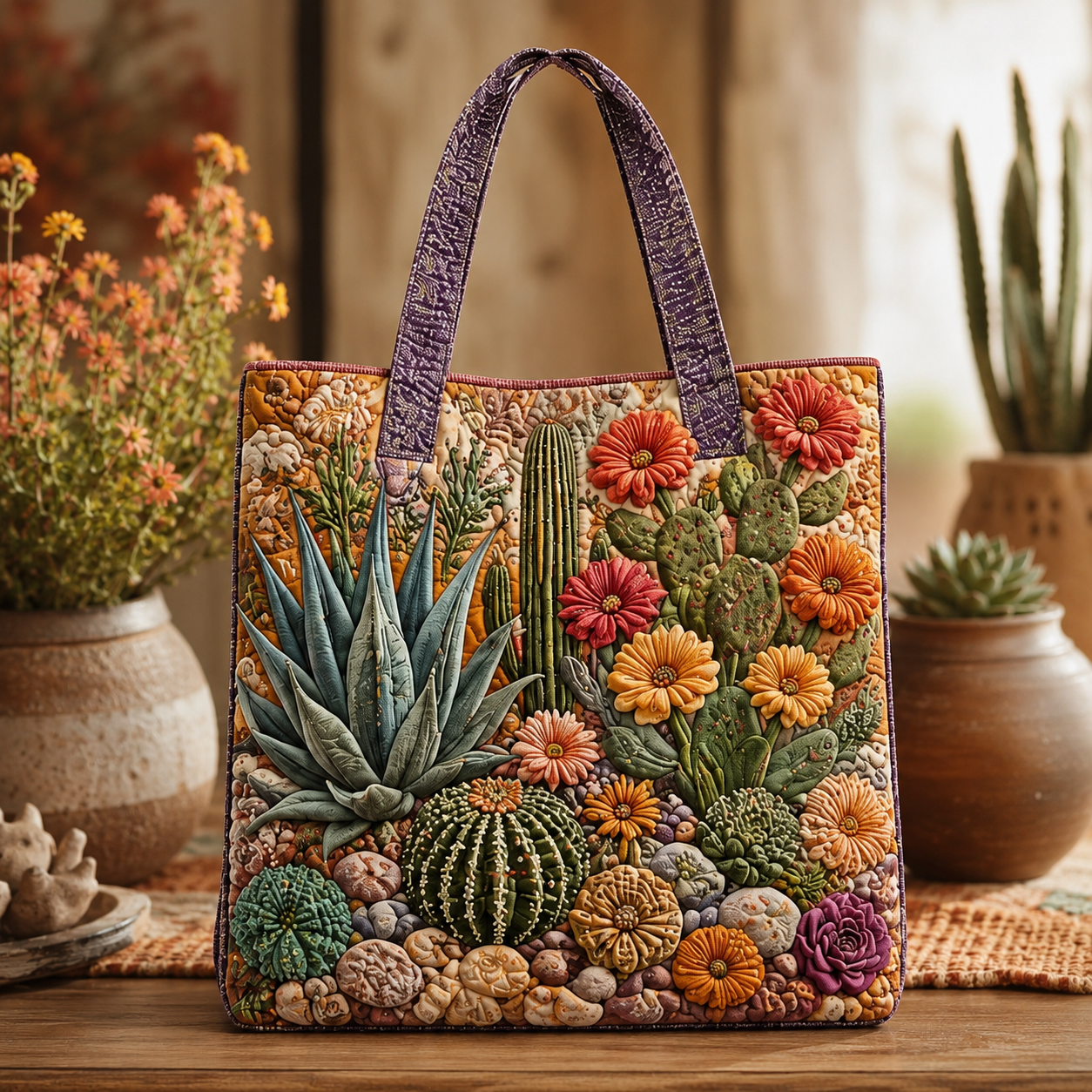 Desert Cactus & Succulent Quilted Tote Bag