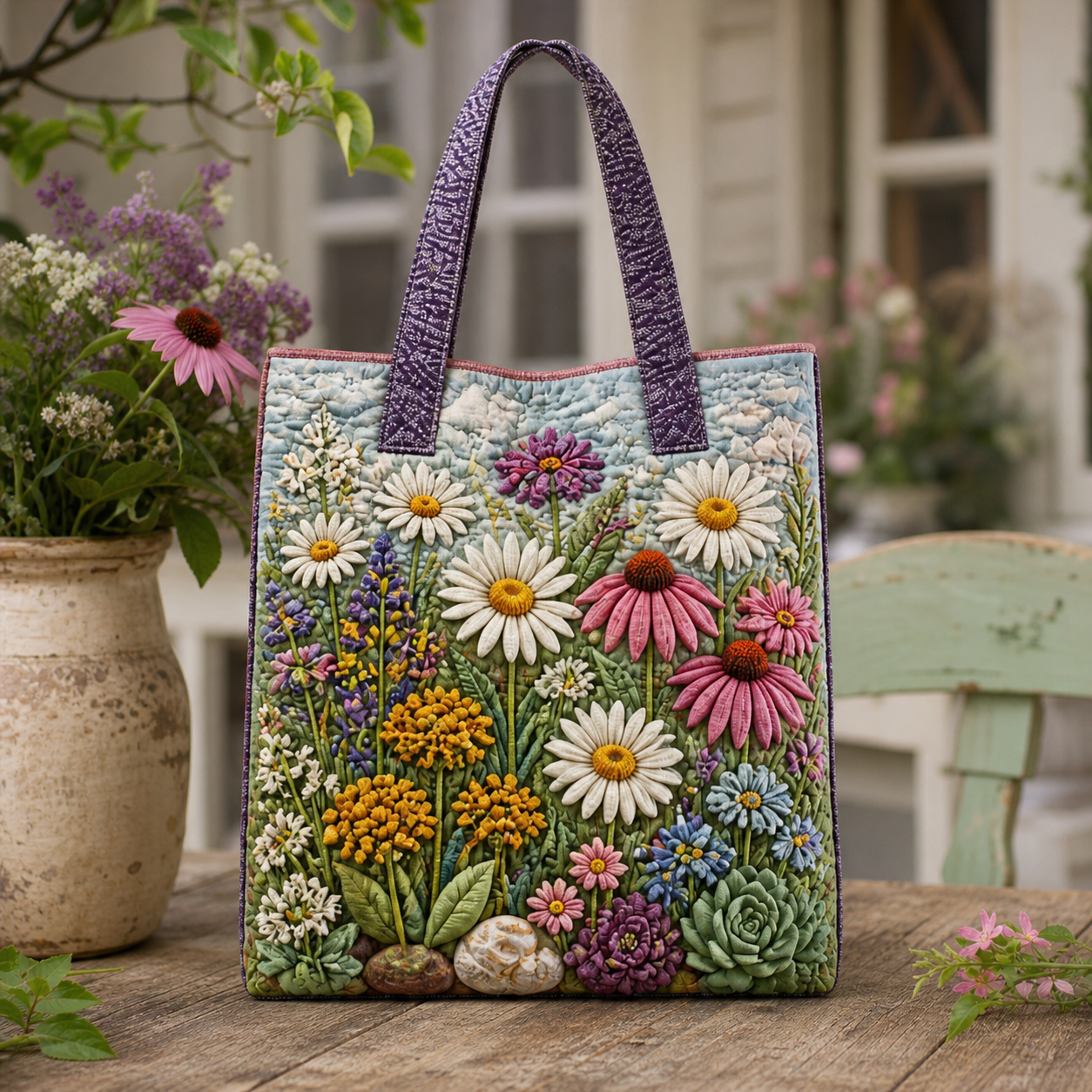 Wildflower & Daisy Garden Quilted Tote Bag