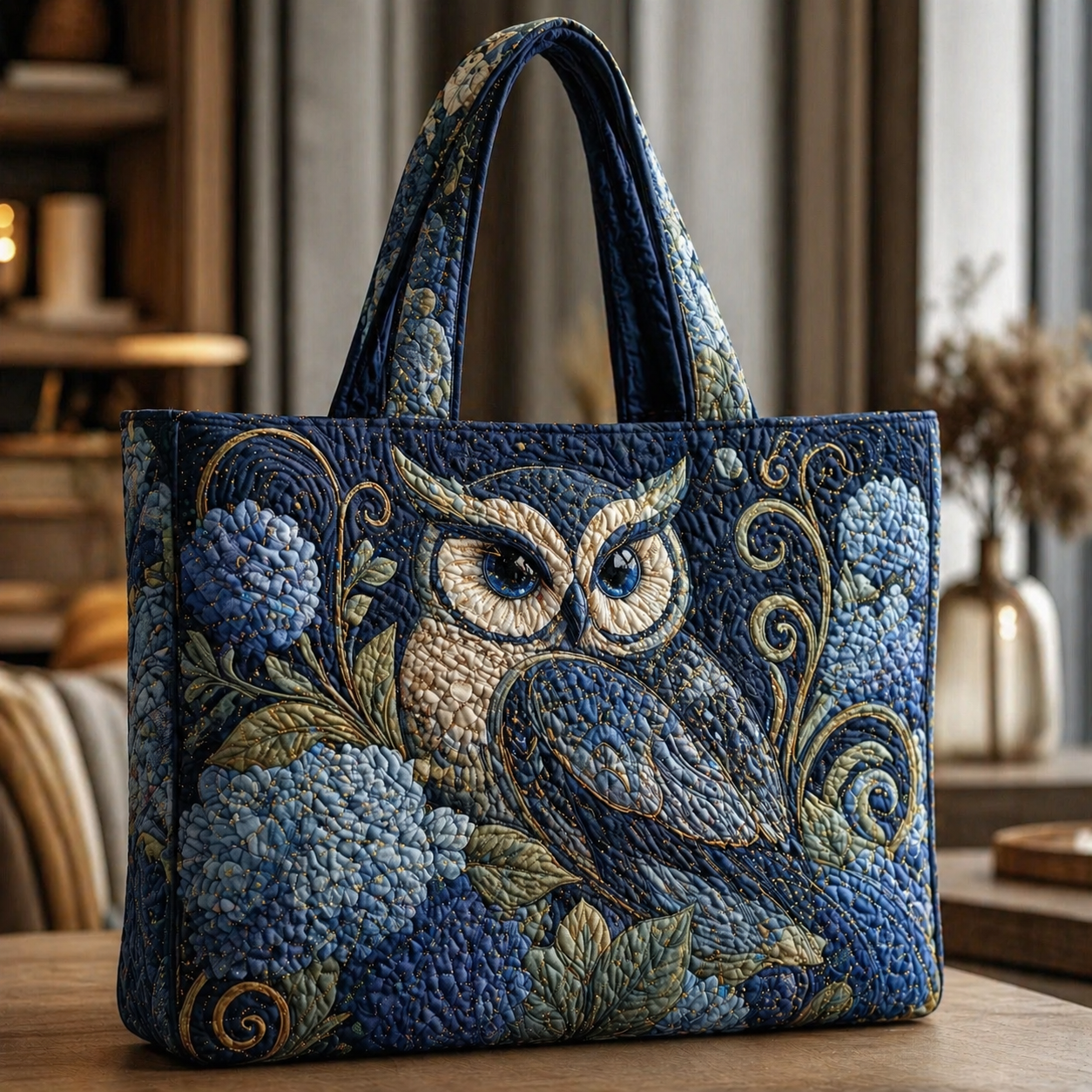 Blue Hydrangea Owl Quilted Tote Bag