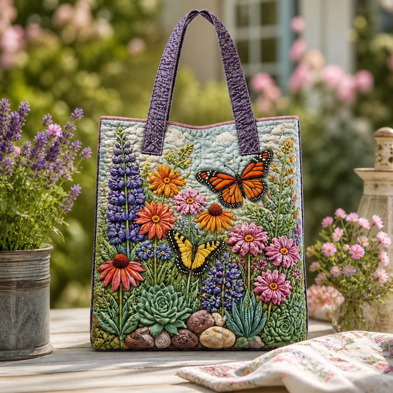 Butterfly & Wildflower Meadow Quilted Tote Bag