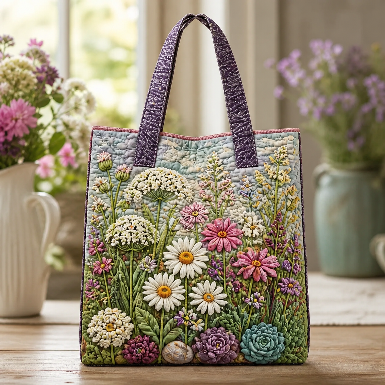 White Daisy Wildflower Quilted Tote Bag