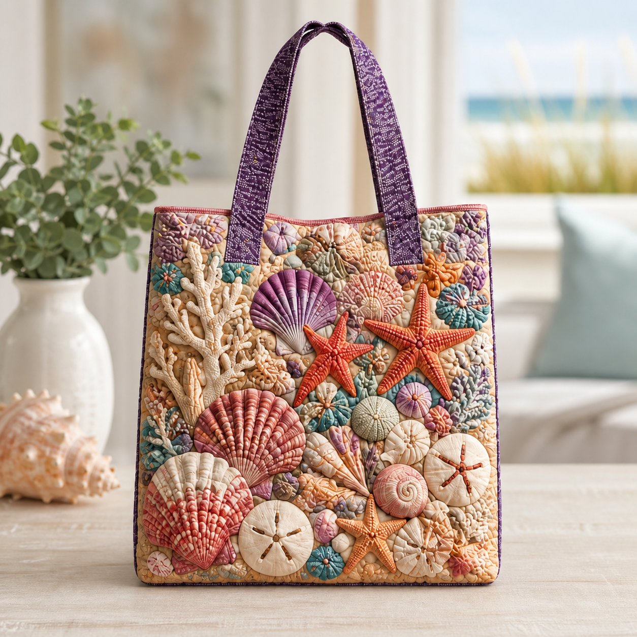 Coastal Seashell & Coral Quilted Tote Bag