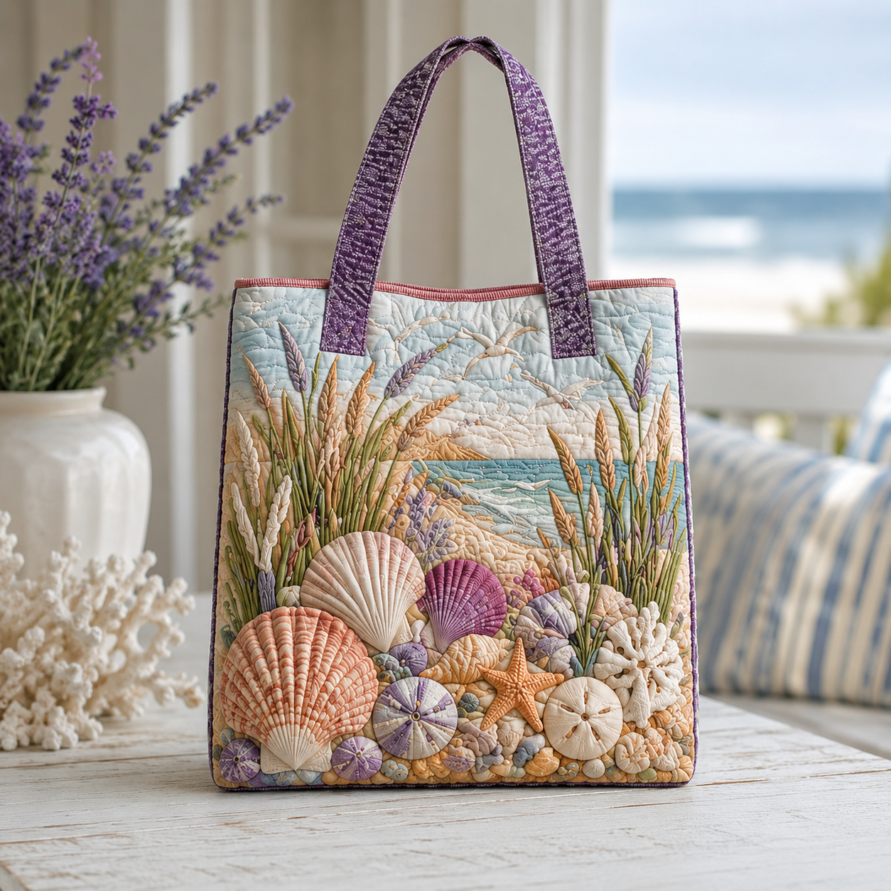 Beach Shoreline Quilted Tote Bag
