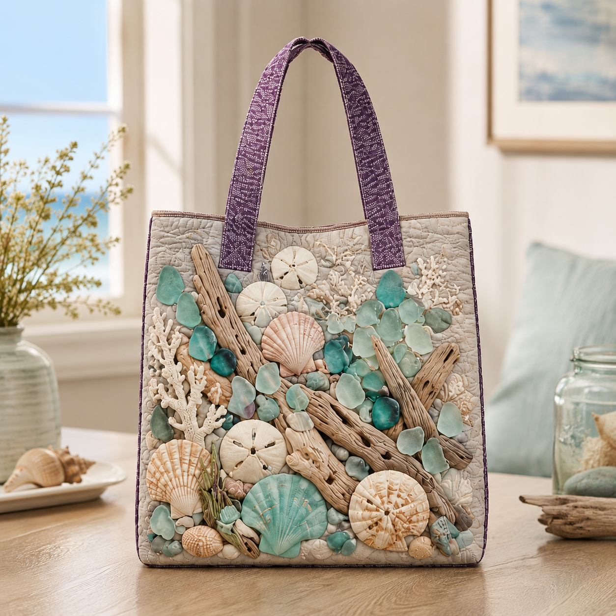 Coastal Sea Glass & Driftwood Quilted Tote Bag