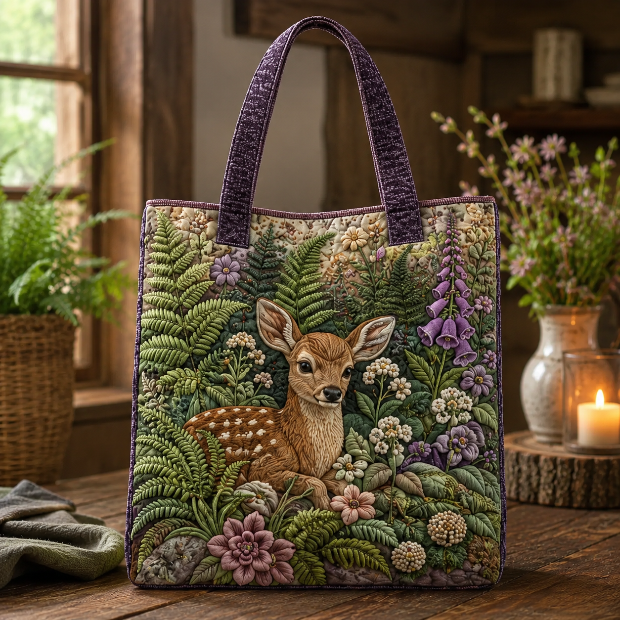 Woodland Deer & Fern Quilted Tote Bag