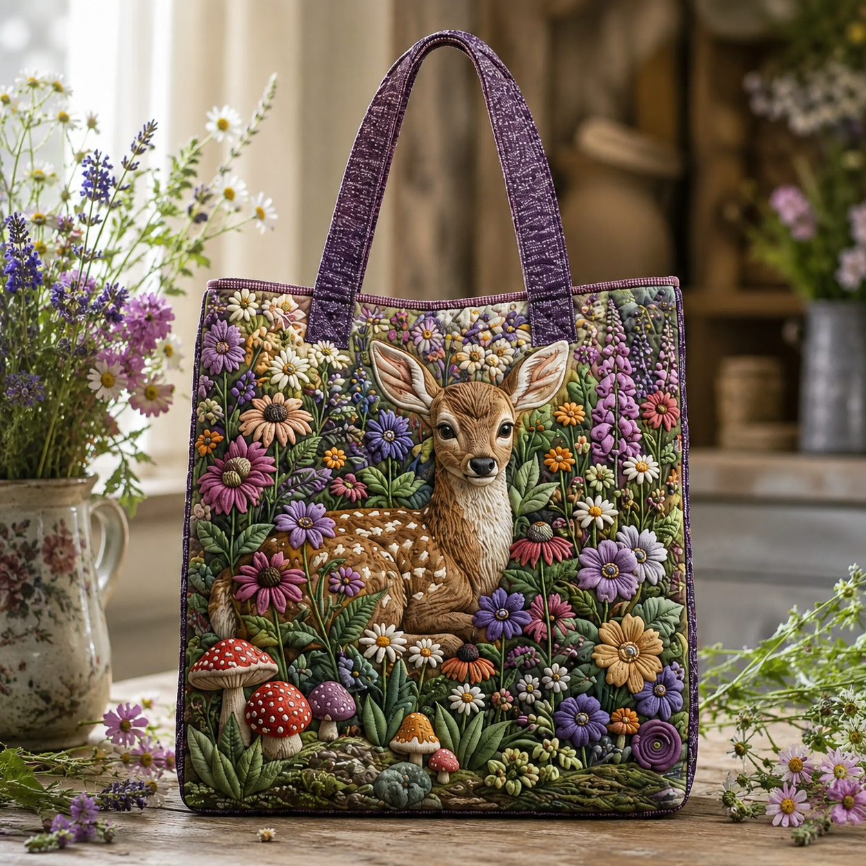 Fawn & Wildflower Meadow Quilted Tote Bag