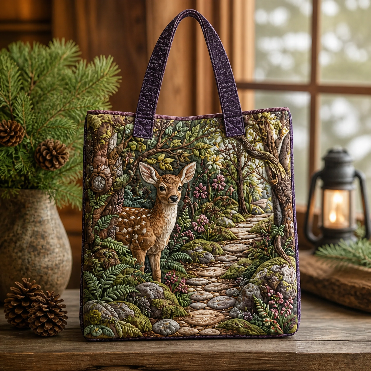 Woodland Path Deer Quilted Tote Bag