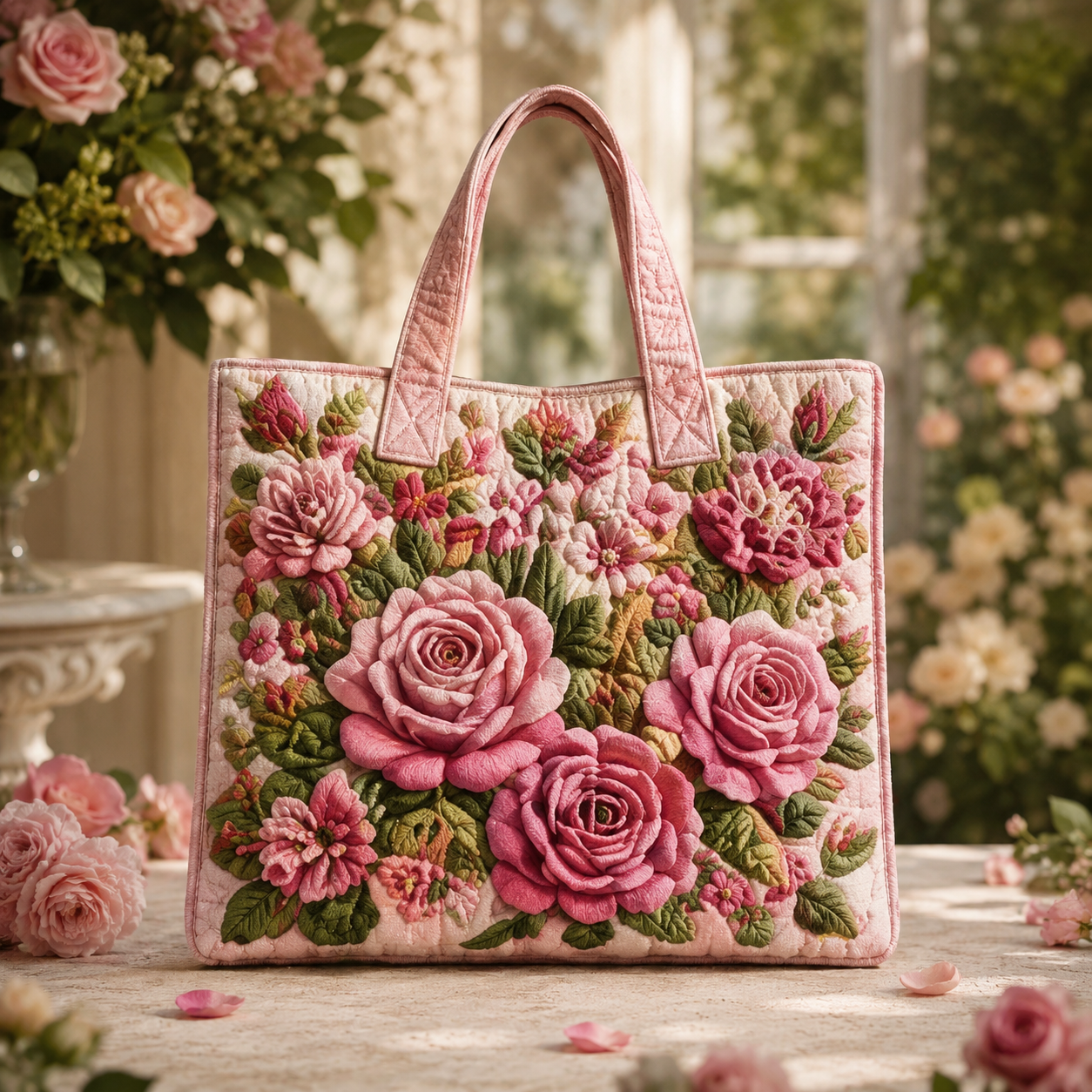 Vintage Pink Rose Bouquet Quilted Tote Bag