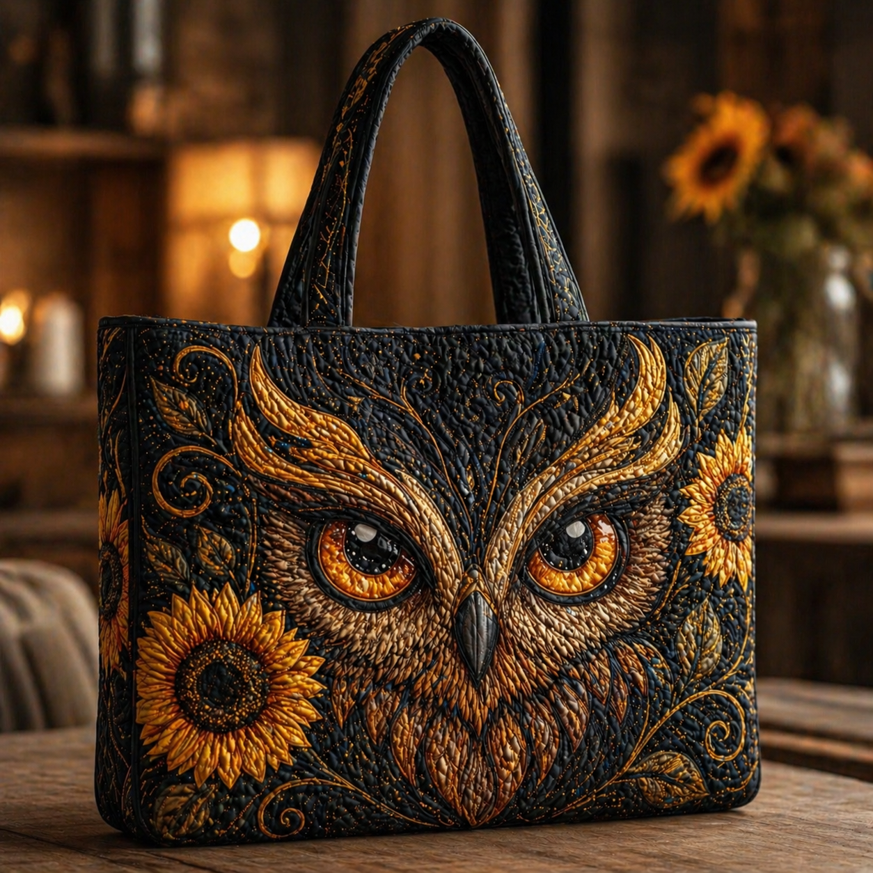 Sunflower Owl Quilted Tote Bag