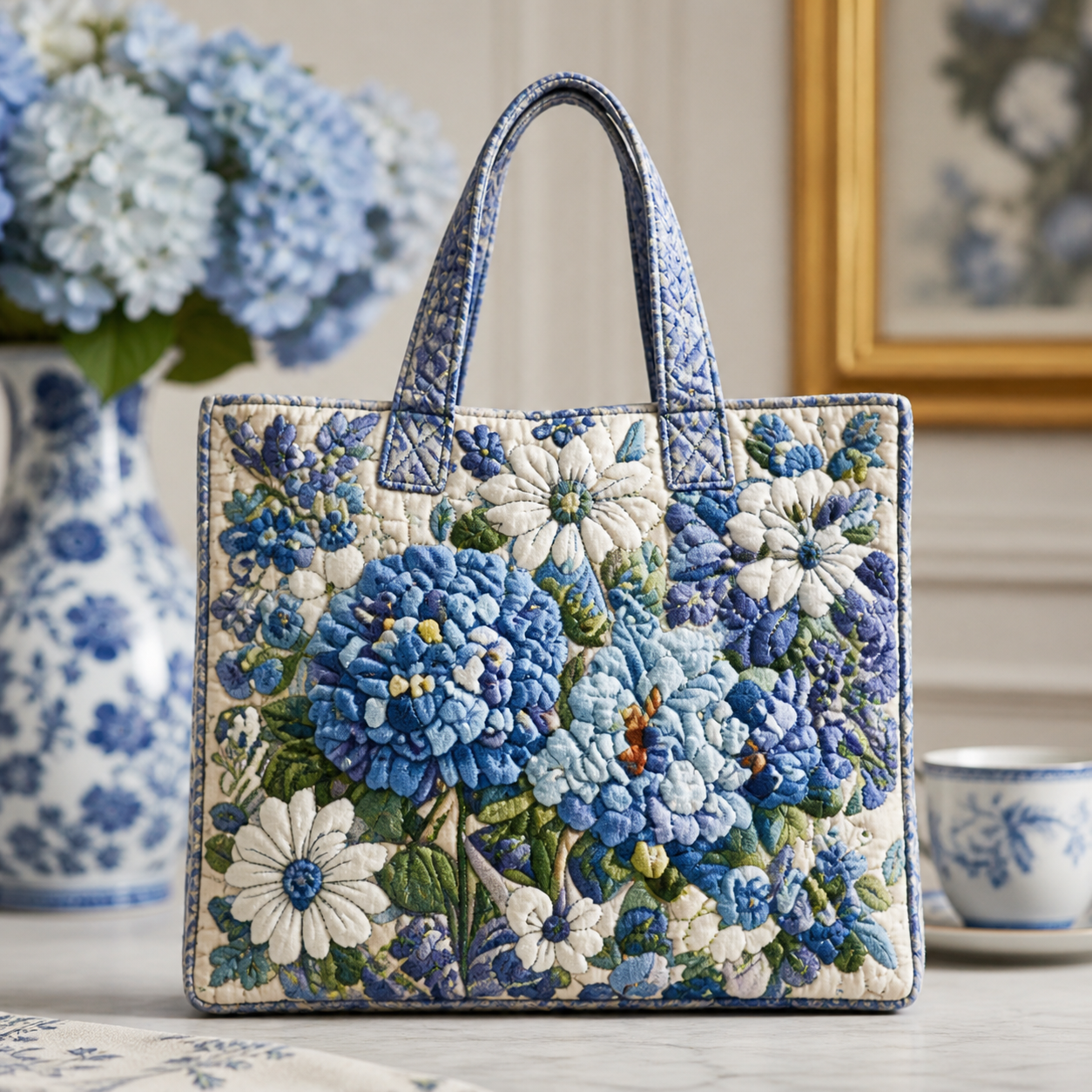 Blue Hydrangea & Daisy Quilted Tote Bag