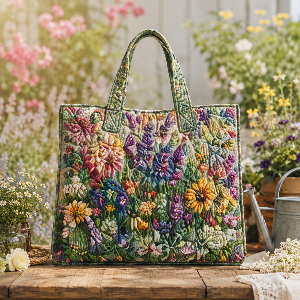 Vibrant Wildflower Meadow Quilted Tote Bag
