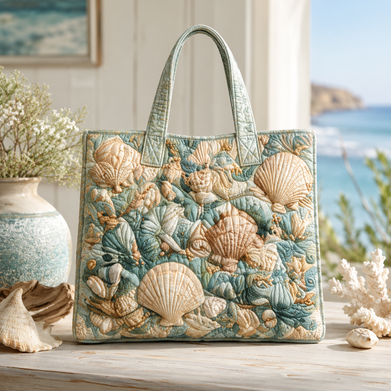 Coastal Seashell Quilted Tote Bag
