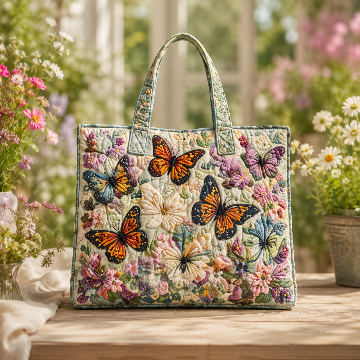 Monarch Butterfly & Wildflower Quilted Tote Bag