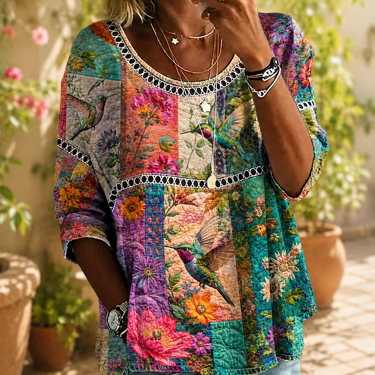 Colorful Hummingbird Garden Patchwork Blouse – Lightweight Textured Crinkle Top