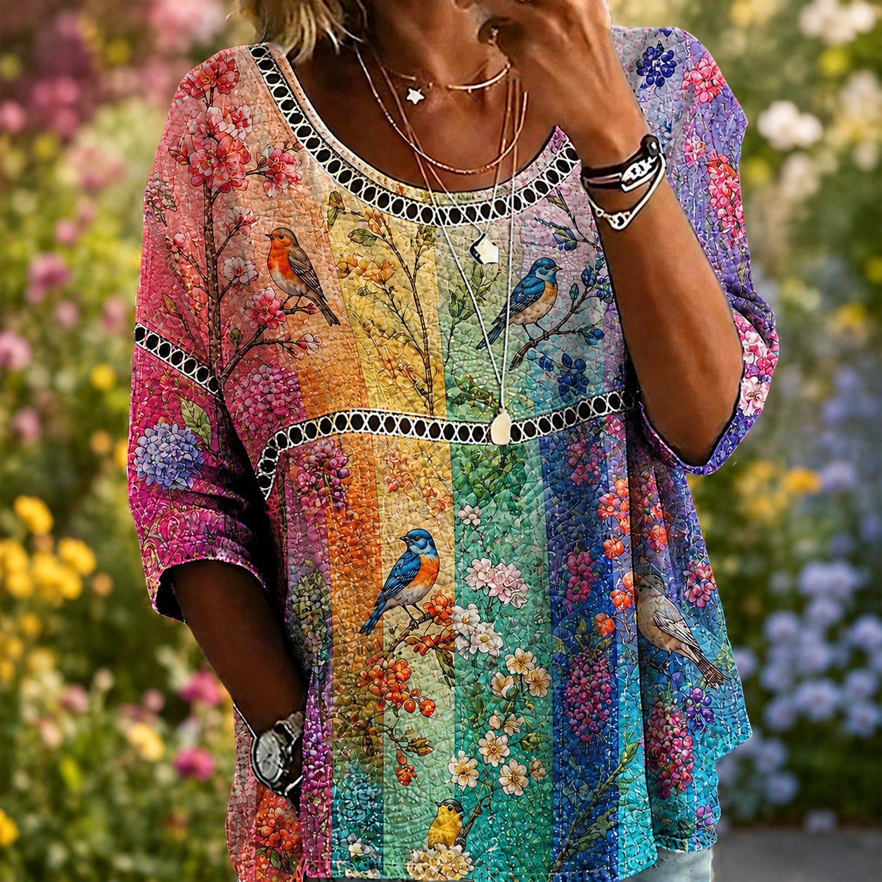 Songbird Blossom Patchwork Blouse – Lightweight Textured Crinkle Top