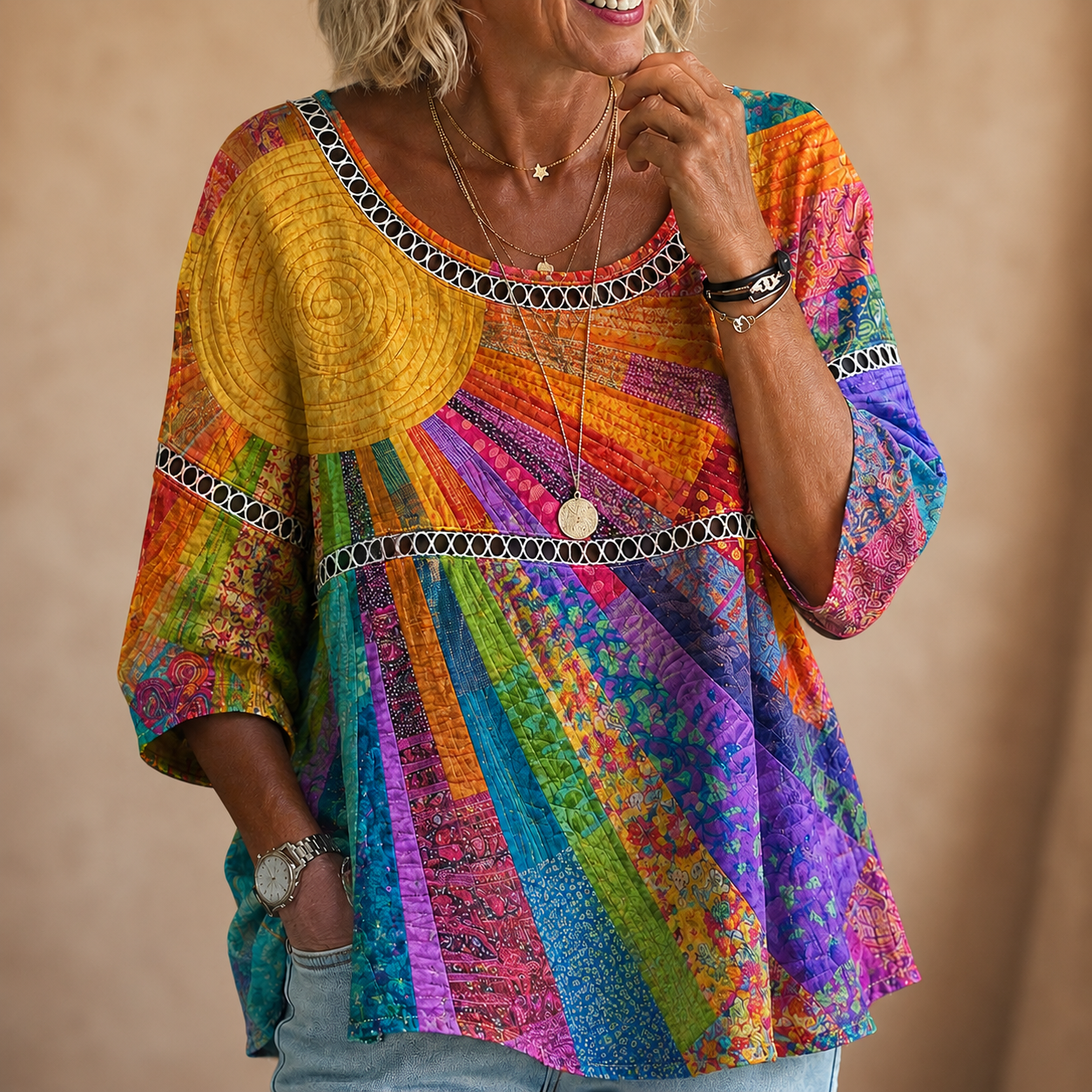 Sunshine Rainbow Patchwork Textured Crinkle Blouse