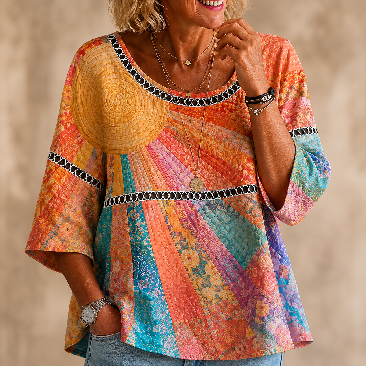 Sunset Glow Patchwork Blouse – Lightweight Textured Crinkle Top