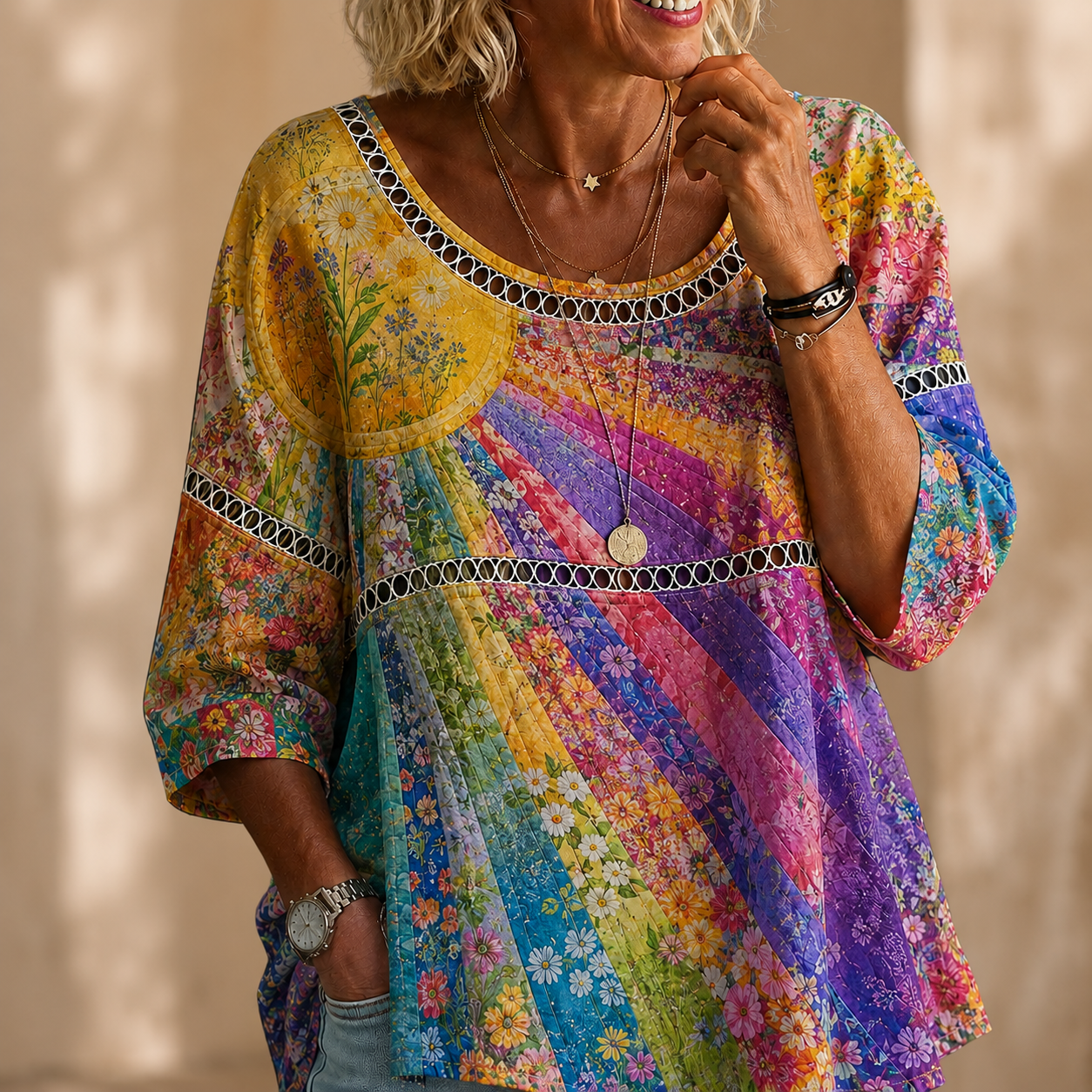 Sunshine Daisy Rainbow Blouse – Lightweight Textured Crinkle Patchwork Top