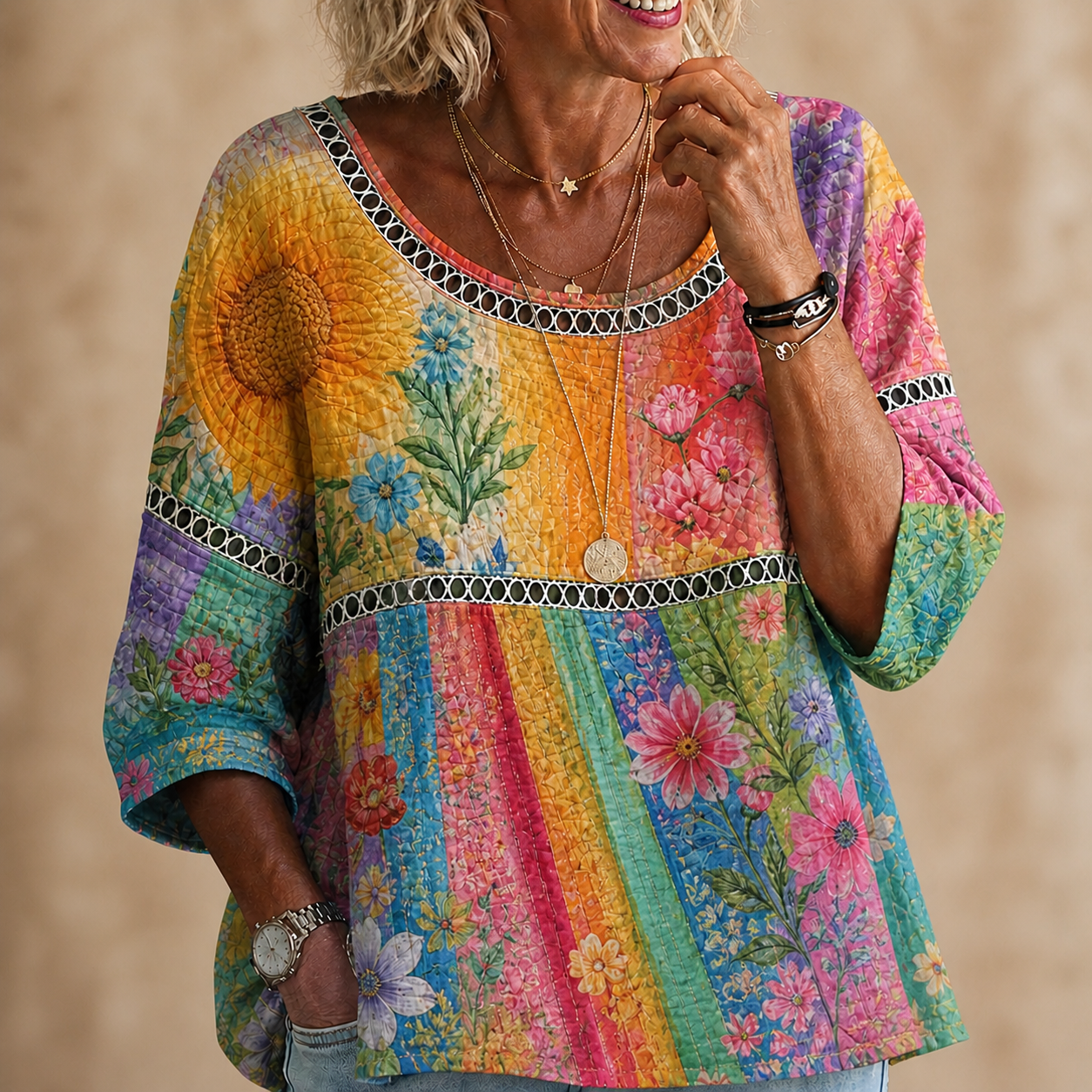 Sunflower Garden Rainbow Textured Crinkle Blouse