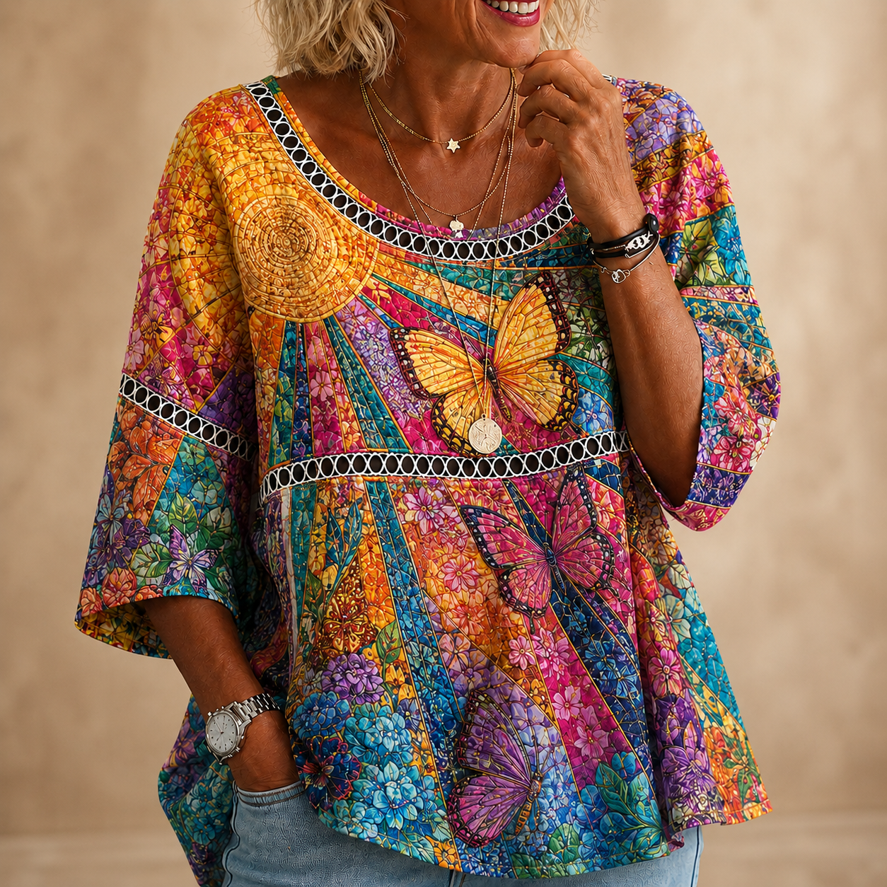 Golden Butterfly Rainbow Textured Crinkle Blouse