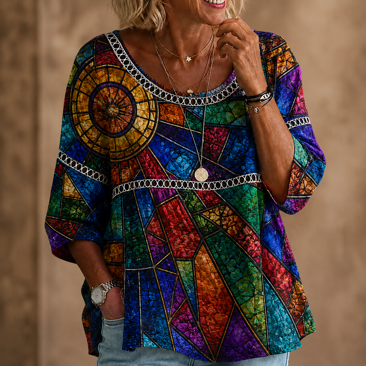 Stained Glass Mosaic Textured Crinkle Blouse
