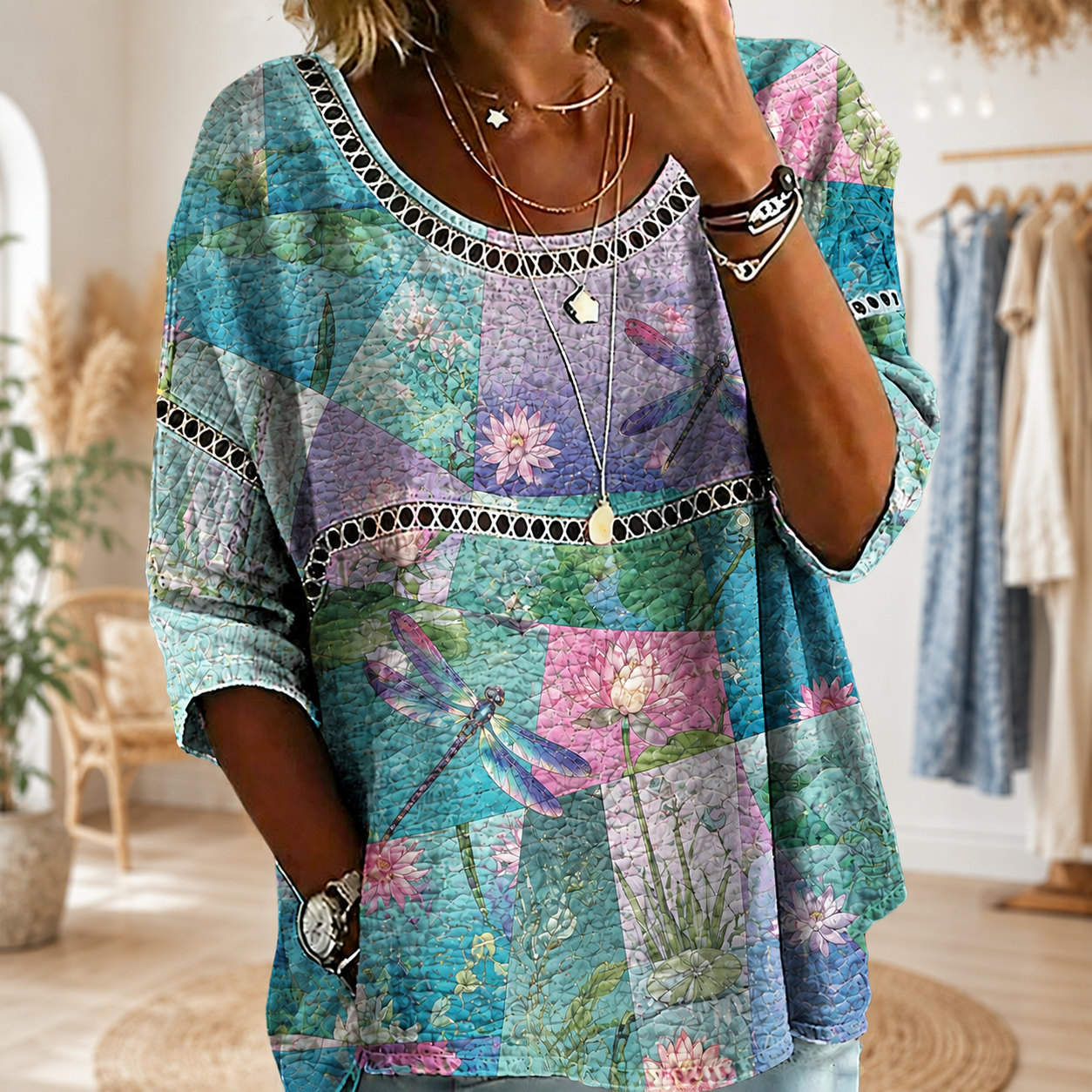 Dragonfly Pond Patchwork Blouse – Lightweight Textured Crinkle Top
