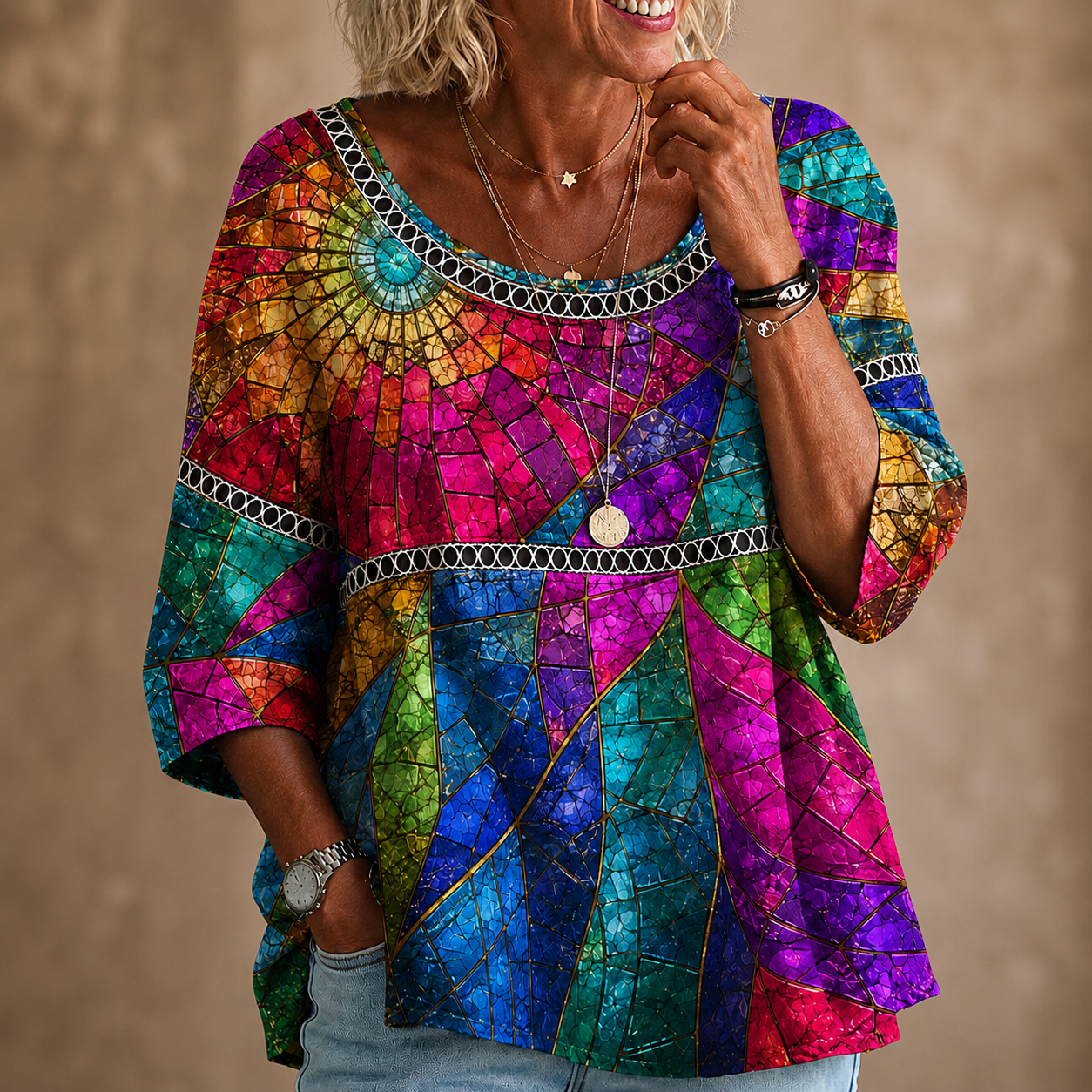 Rainbow Stained Glass Textured Crinkle Blouse