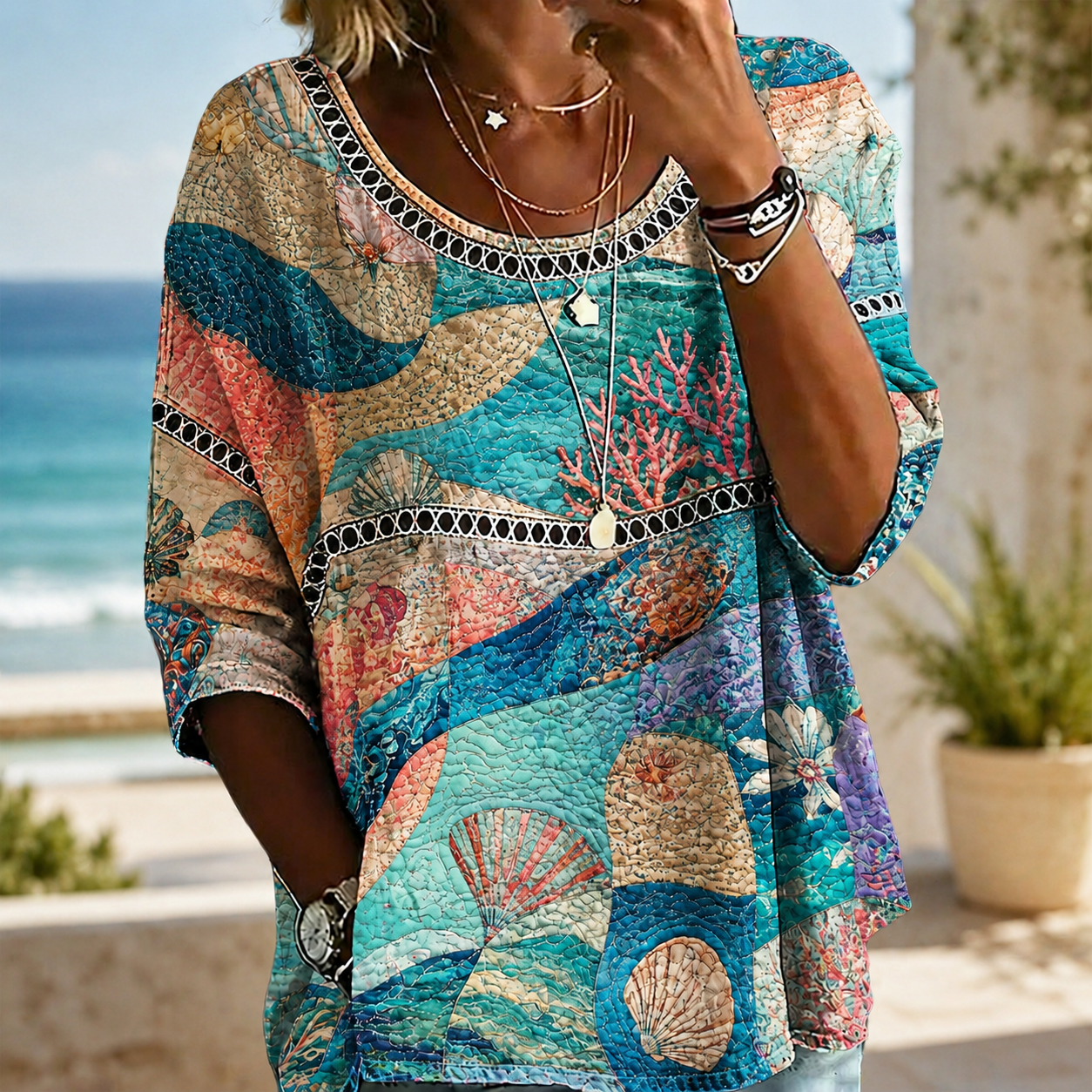 Ocean Breeze Seashell Patchwork Blouse – Lightweight Textured Crinkle Top