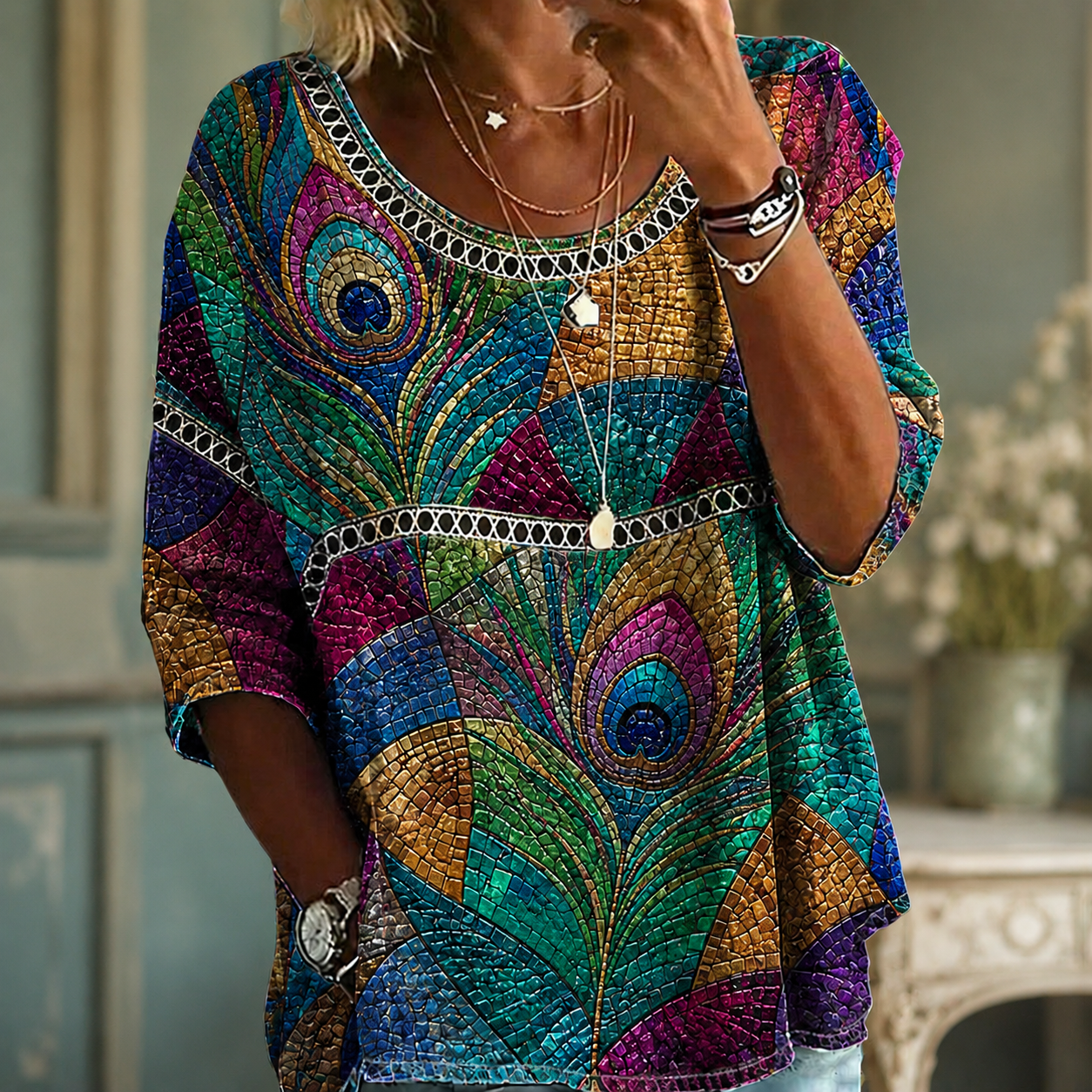 Peacock Feather Mosaic Blouse – Lightweight Textured Crinkle Top