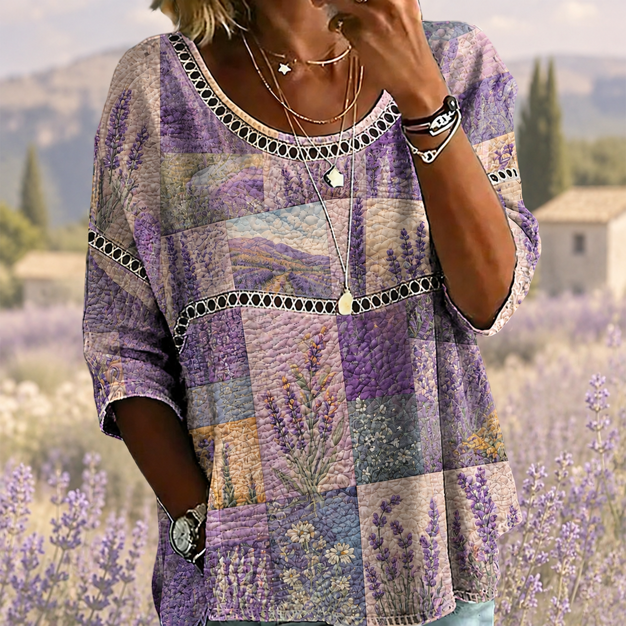 Lavender Meadow Patchwork Blouse – Lightweight Textured Crinkle Top