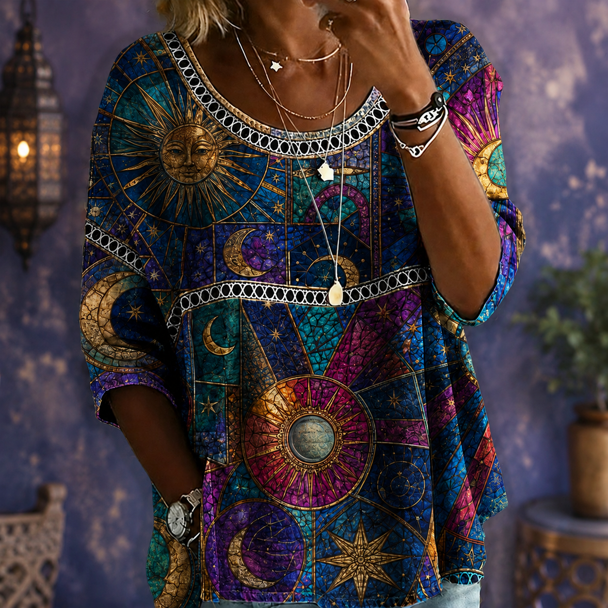 Celestial Sun & Moon Patchwork Blouse – Lightweight Textured Crinkle Top