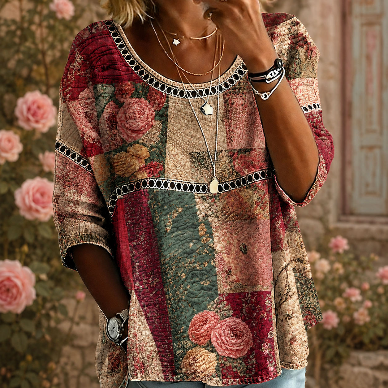 Vintage Rose Garden Blouse – Lightweight Textured Crinkle Patchwork Top