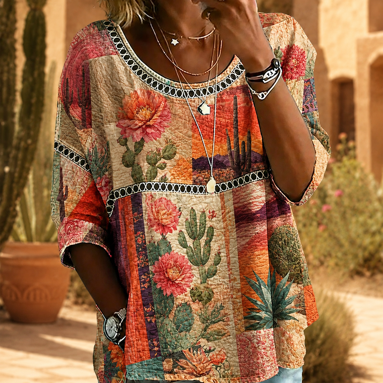 Desert Bloom Cactus Patchwork Blouse – Lightweight Textured Crinkle Top