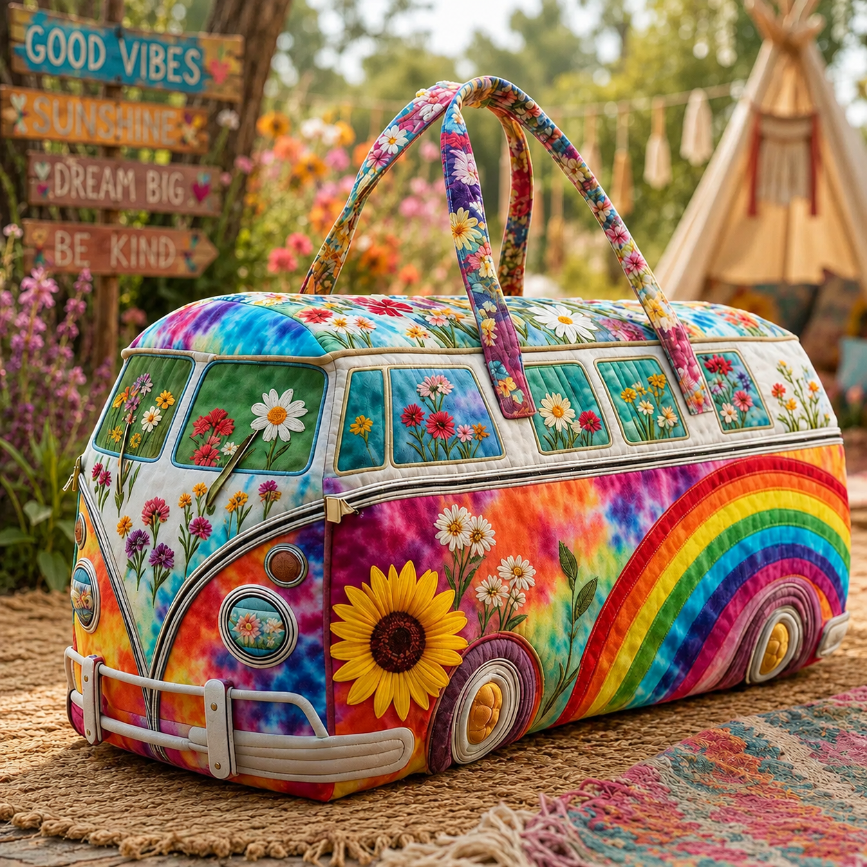 Floral Tie-dyed Rainbow Quilted Duffle Bag