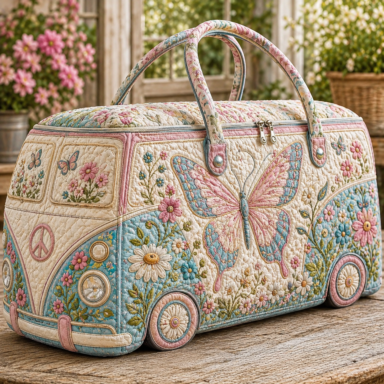 Pastel Butterfly Garden Quilted Duffle Bag