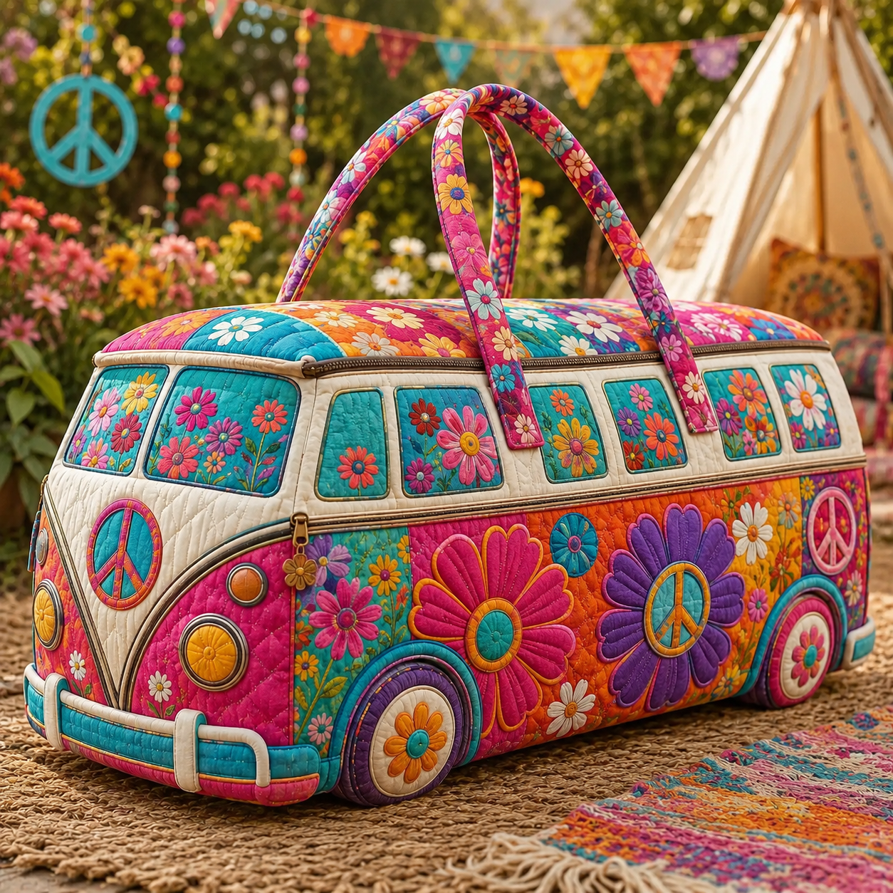 Boho Flower Power Quilted Duffle Bag