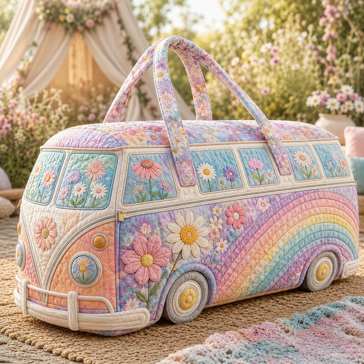 Pastel Rainbow Garden Quilted Duffle Bag