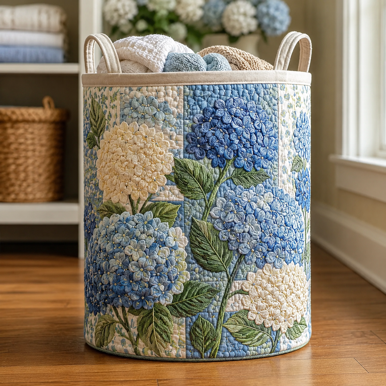 Blue Hydrangea Garden Quilted Laundry Basket
