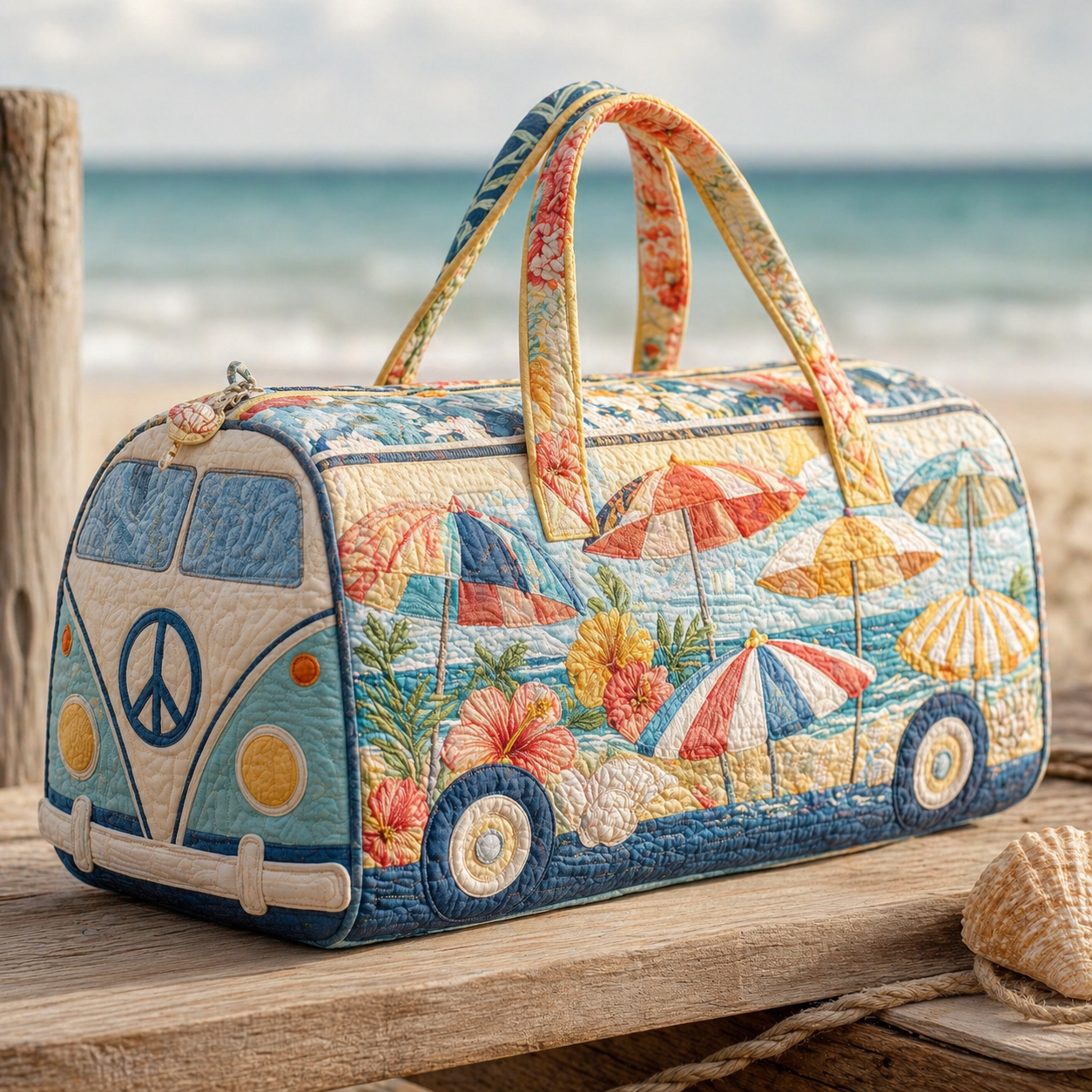 Beach Umbrella Hibiscus Hippie Van Quilted Duffle Bag