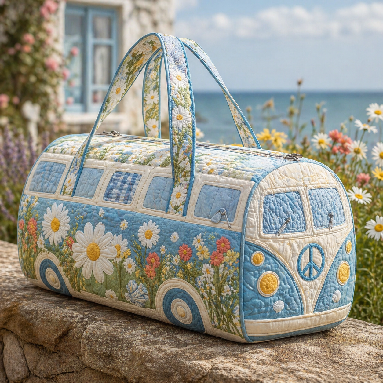 Blue Daisy Hippie Van Quilted Duffle Bag