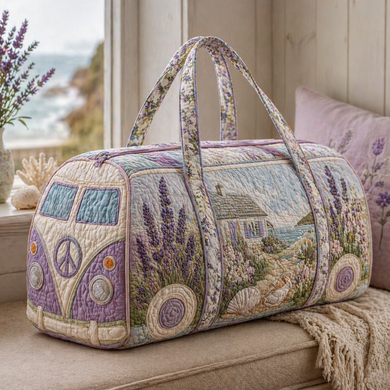Lavender Cottage Hippie Van Quilted Duffle Bag